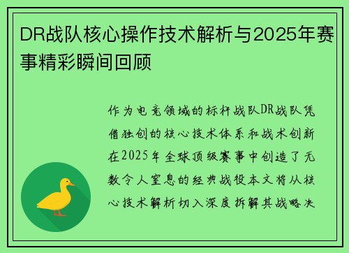 DR战队核心操作技术解析与2025年赛事精彩瞬间回顾